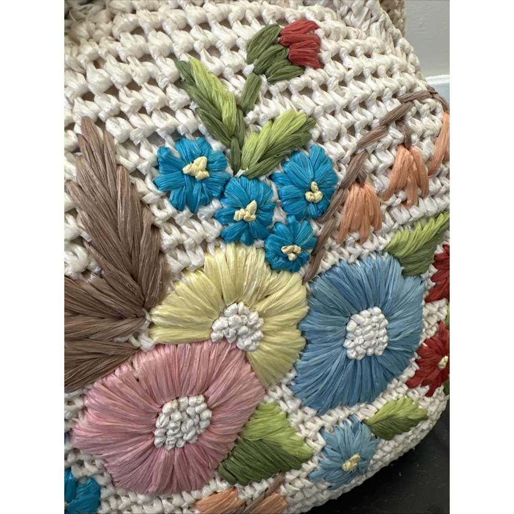 VTG 60s Magid Made In Japan Raffia Floral Embroidered Pinup Boho Handbag Purse - Picture 4 of 16